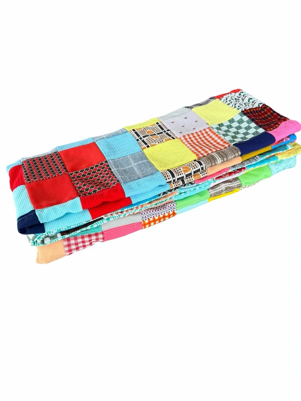 Vintage Double Knit Polyester Patchwork Scrap Quilt Bright Colorful Signed 46x81